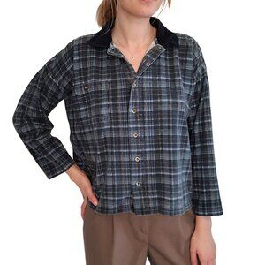 90s Vintage Grunge Blue Plaid Cotton RED ROVER Shirt Navy Corduroy Collar medium